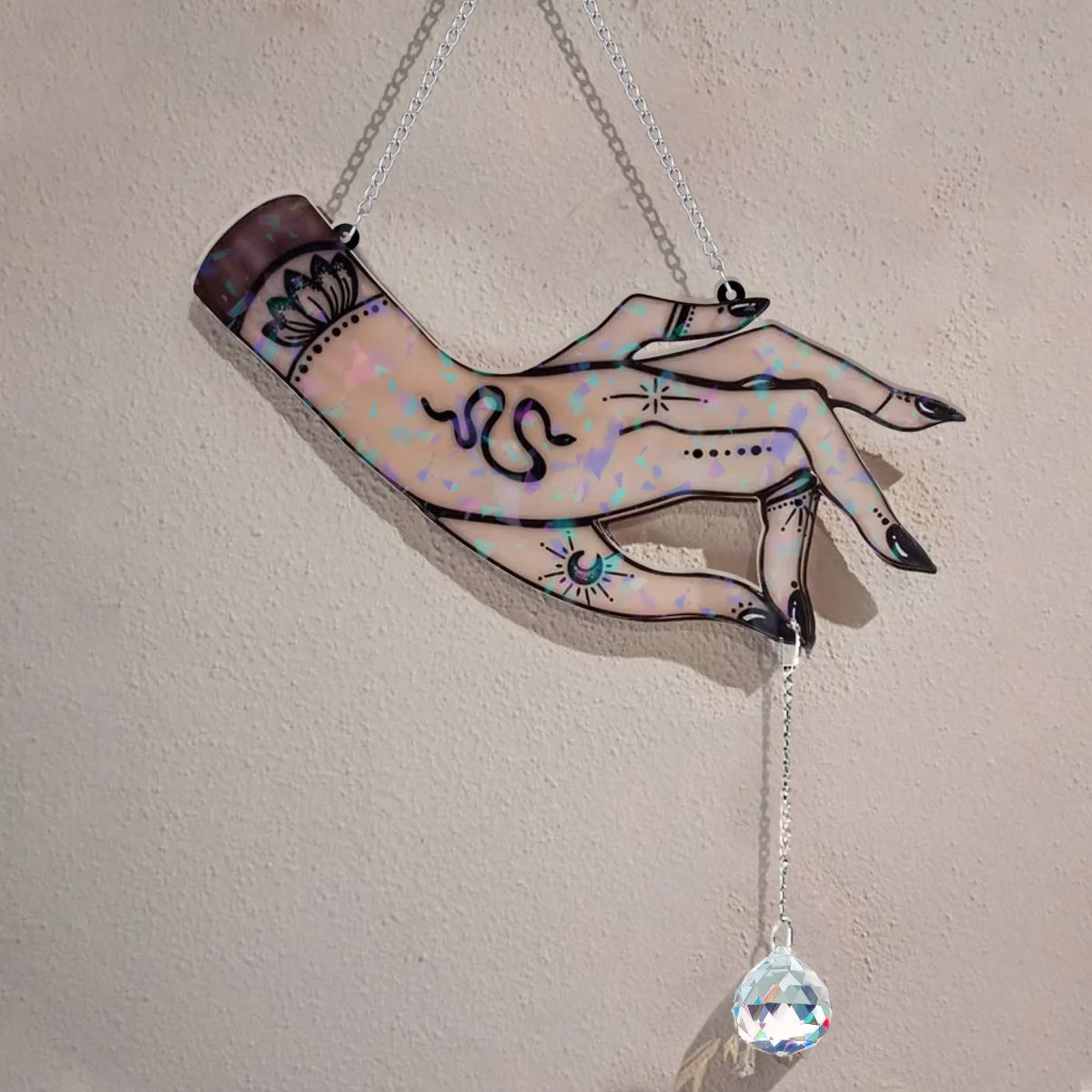 Witchy Hand Stained Glass Effect - Hologram Window Hanging With Charm - Gift Idea For Witch Lover