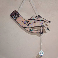 Witchy Hand Stained Glass Effect - Hologram Window Hanging With Charm - Gift Idea For Witch Lover