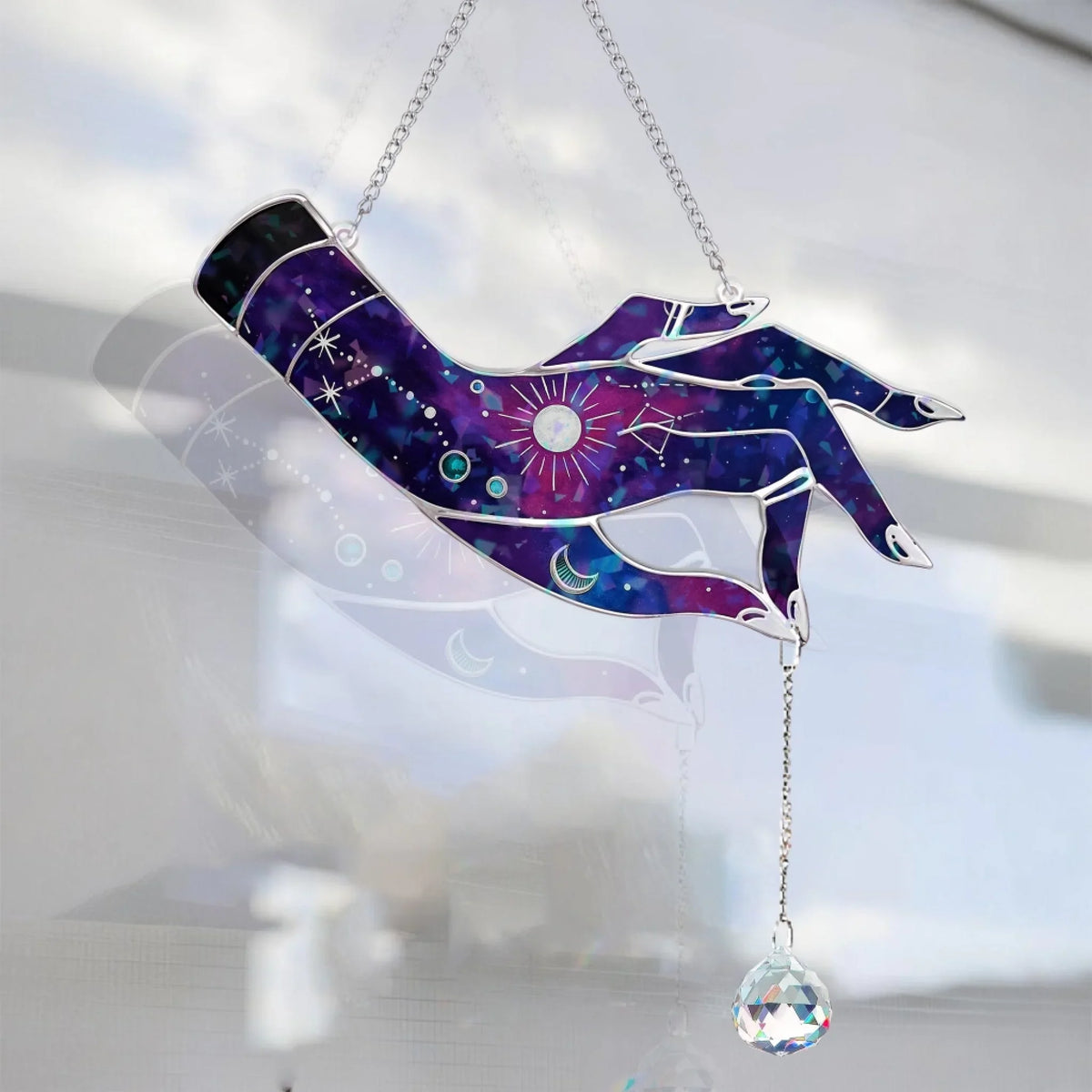 Witchy Hand Stained Glass Effect - Hologram Window Hanging With Charm - Gift Idea For Witch Lover
