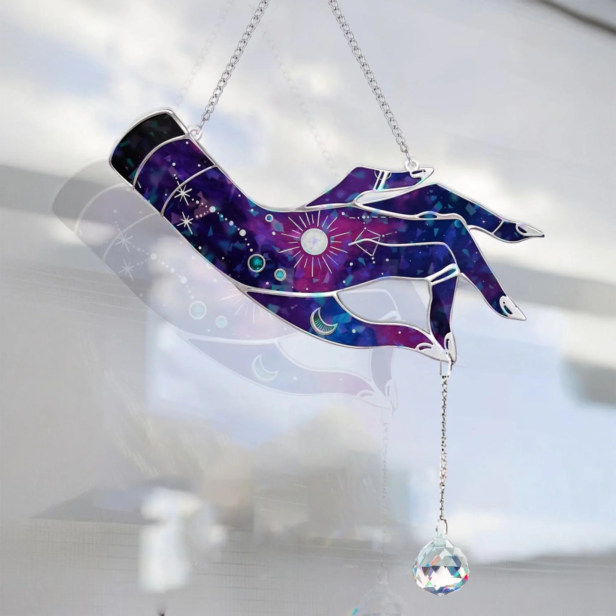 Witchy Hand Stained Glass Effect - Hologram Window Hanging With Charm - Gift Idea For Witch Lover