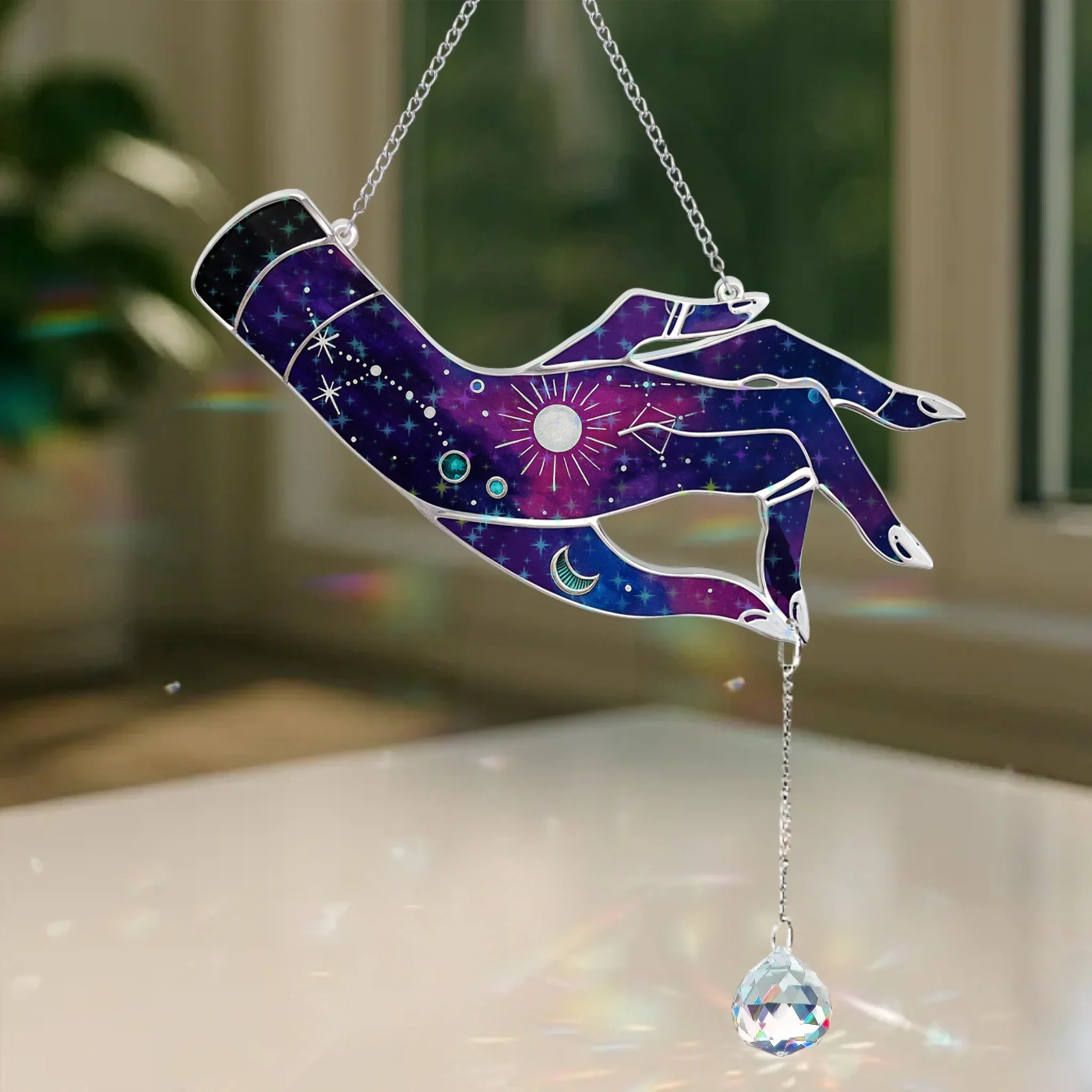 Witchy Hand Stained Glass Effect - Hologram Window Hanging With Charm - Gift Idea For Witch Lover