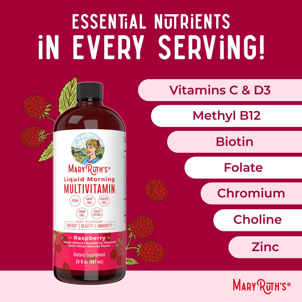 Mary Ruth's™ Liquid Morning Multivitamin, Raspberry Flavor, 30-ounce Bottle BL-AD-MLT-CV-PSF-30Z-UN-01
