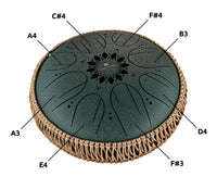 10" Medium Octave Steel Tongue Drum, F# Minor, 8 Notes, 432 Hz, Dark Green
