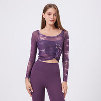 Floral Butterfly Faux Two Piece Sports T Shirt Women Long Sleeve with Chest Pad Yoga Clothes Mesh Top Quick Drying Slimming Workout Clothes